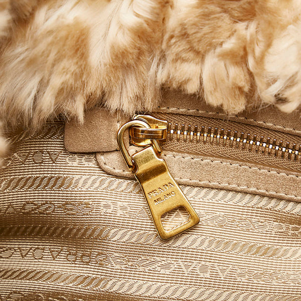プラダ カナパ ハンドバッグ BN2182 ブルー ベージュ デニム ファー レディース PRADA 【中古】