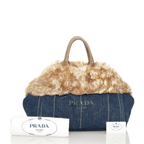 プラダ カナパ ハンドバッグ BN2182 ブルー ベージュ デニム ファー レディース PRADA 【中古】