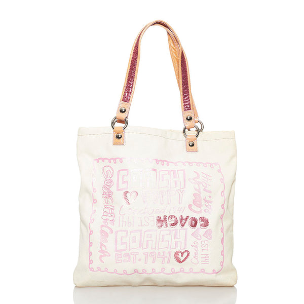 コーチ ポピー ハンドバッグ 14921 ホワイト ベージュ ピンク キャンバス レディース COACH 【中古】