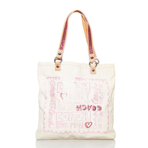 コーチ ポピー ハンドバッグ 14921 ホワイト ベージュ ピンク キャンバス レディース COACH 【中古】