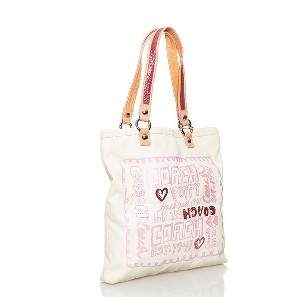 コーチ ポピー ハンドバッグ 14921 ホワイト ベージュ ピンク キャンバス レディース COACH 【中古】