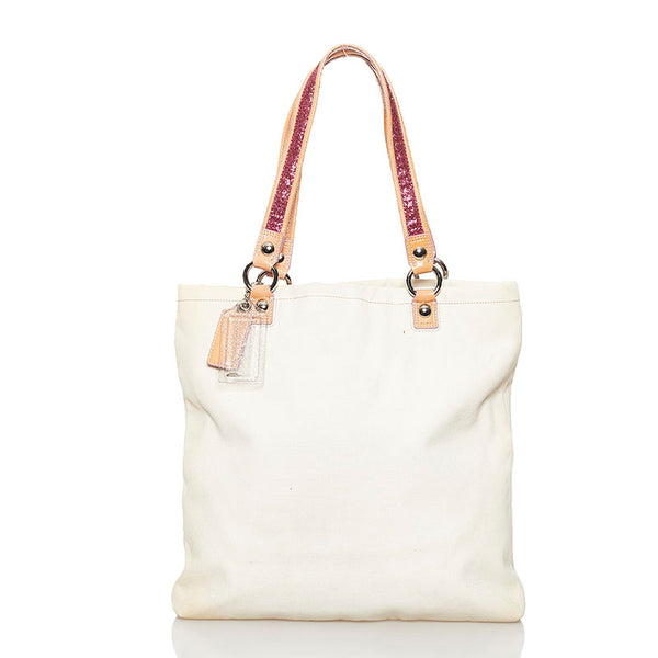 コーチ ポピー ハンドバッグ 14921 ホワイト ベージュ ピンク キャンバス レディース COACH 【中古】