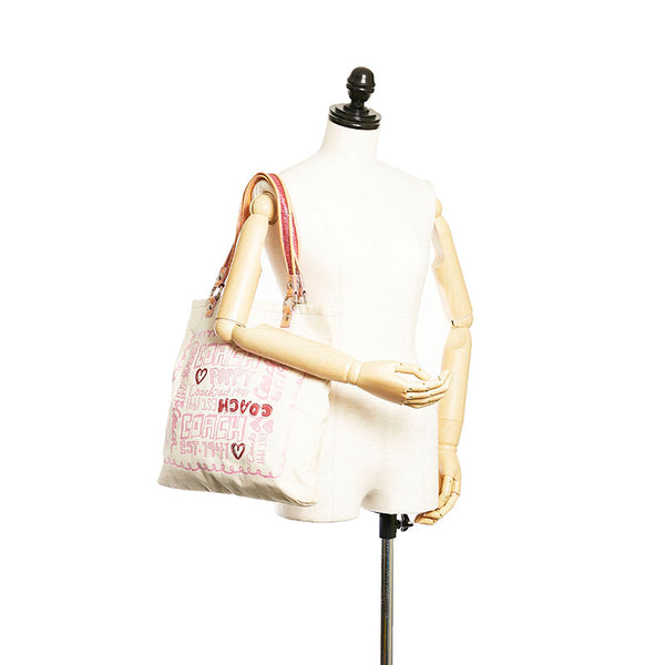 コーチ ポピー ハンドバッグ 14921 ホワイト ベージュ ピンク キャンバス レディース COACH 【中古】