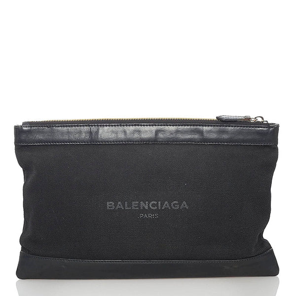 バレンシアガ ネイビークリップM クラッチバッグ 373834 ブラック キャンバス レザー レディース BALENCIAGA 【中古】