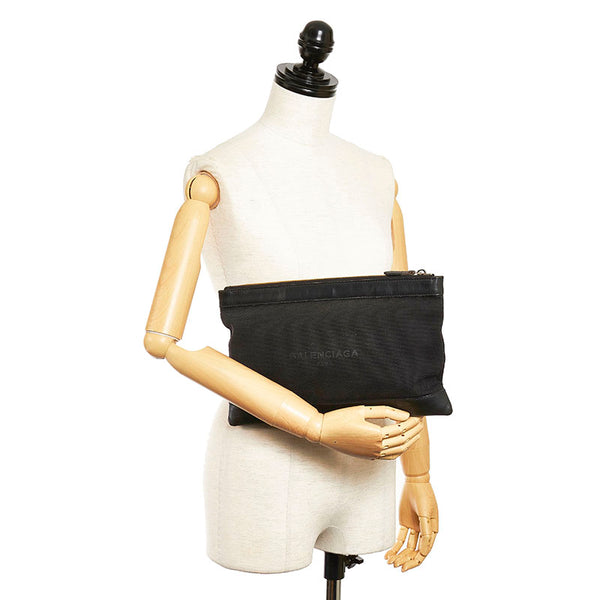 バレンシアガ ネイビークリップM クラッチバッグ 373834 ブラック キャンバス レザー レディース BALENCIAGA 【中古】