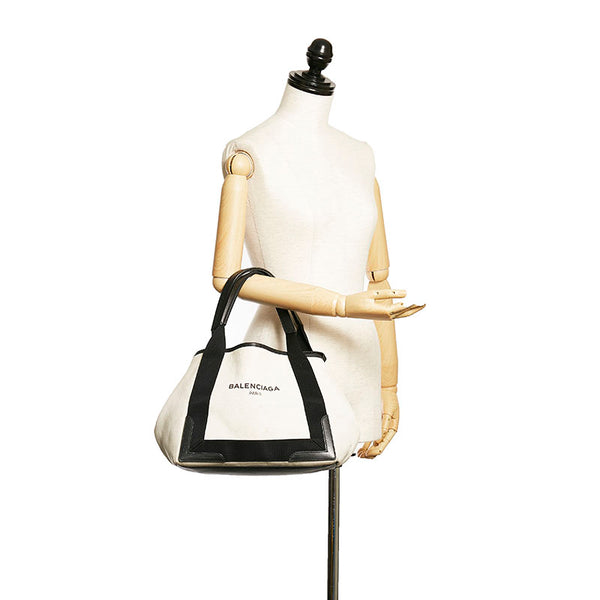 バレンシアガ ネイビーカバS ハンドバッグ 339933 1081 C 535269 アイボリー ブラック キャンバス レザー レディース BALENCIAGA 【中古】