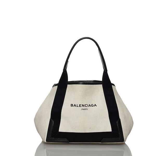 バレンシアガ ネイビーカバS ハンドバッグ 339933 1081 C 535269 アイボリー ブラック キャンバス レザー レディース BALENCIAGA 【中古】