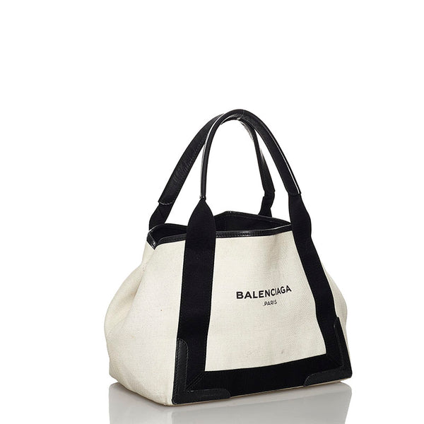 バレンシアガ ネイビーカバS ハンドバッグ 339933 1081 C 535269 アイボリー ブラック キャンバス レザー レディース BALENCIAGA 【中古】