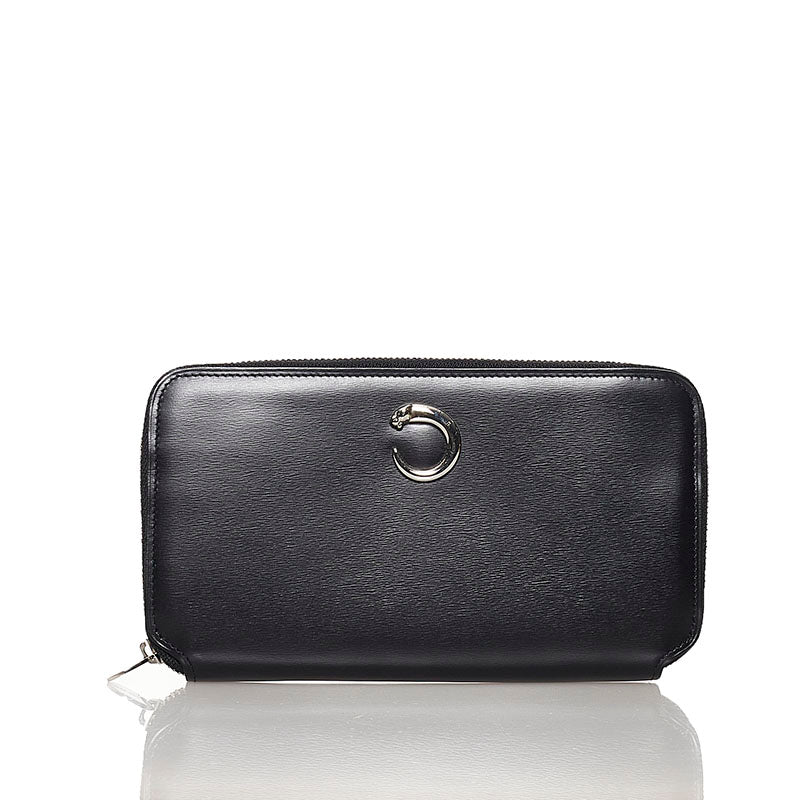 カルティエ パンテール ラウンドファスナー 長財布 ブラック レザー レディース CARTIER 【中古】