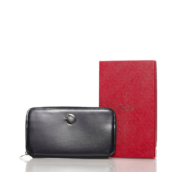 カルティエ パンテール ラウンドファスナー 長財布 ブラック レザー レディース CARTIER 【中古】