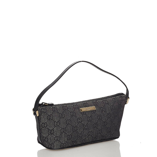 グッチ GGキャンバス アクセサリーポーチ 07198 ブラック キャンバス レザー レディース GUCCI 【中古】