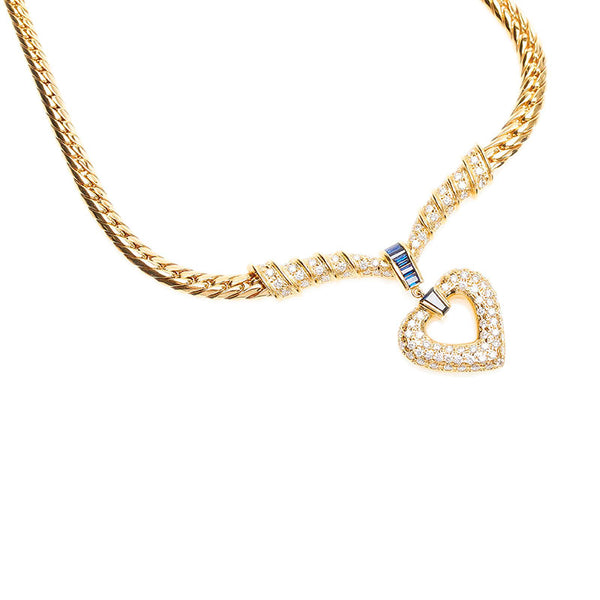 ミキモト K18YG イエローゴールド ダイヤ1.36ct サファイア0.65ct ハート ネックレス レディース MIKIMOTO 【中古】
