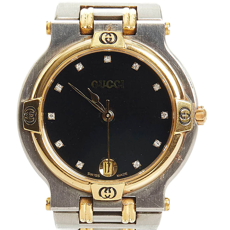 グッチ 11P 腕時計 9000M クオーツ ブラック文字盤 ステンレススチール レディース GUCCI 【中古】