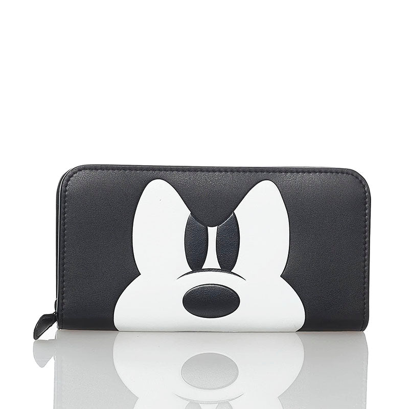 コーチ × ディズニー ミッキー コラボ ラウンドジップ ラウンドファスナー 長財布 ブラック ホワイト レザー レディース COACH 【中古】