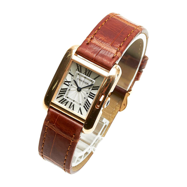 カルティエ タンクアングレーズ SM 腕時計 W5310027 クオーツ シルバー文字盤 K18PG ピンクゴールド レディース CARTIER 【中古】