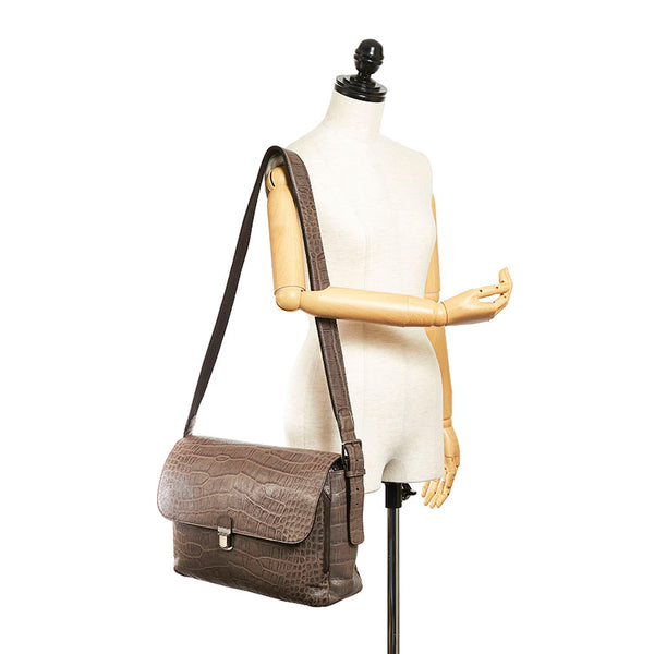 ジョルジオアルマーニ クロコ型押し ショルダーバッグ メッセンジャーバッグ グレー レザー メンズ GIORGIO ARMANI 【中古】