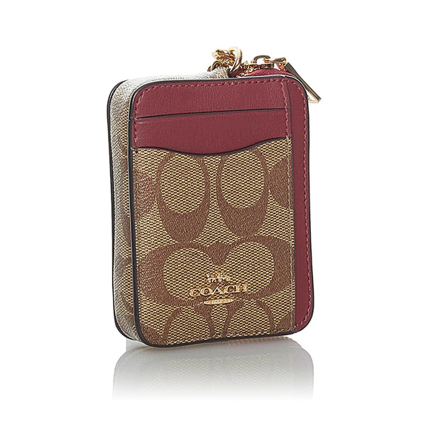 コーチ シグネチャー コインケース  ミニウォレット ワインレッド PVC レザー ビニール レディース COACH 【中古】