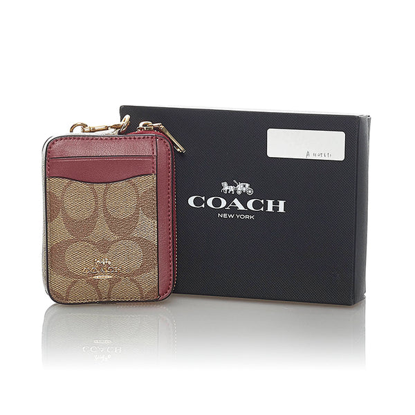 コーチ シグネチャー コインケース  ミニウォレット ワインレッド PVC レザー ビニール レディース COACH 【中古】