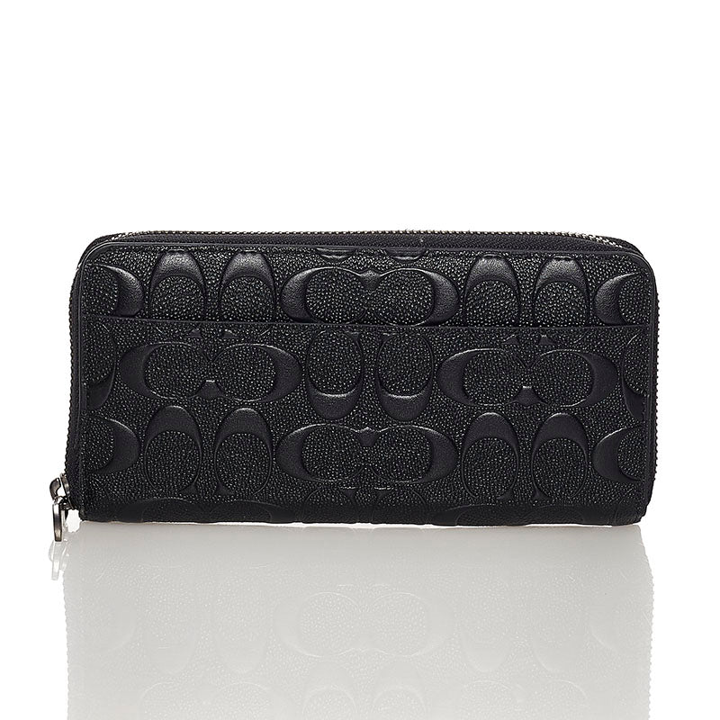 コーチ シグネチャー アコーディオン  ラウンドファスナー 長財布 F58113 ブラック レザー メンズ COACH 【中古】