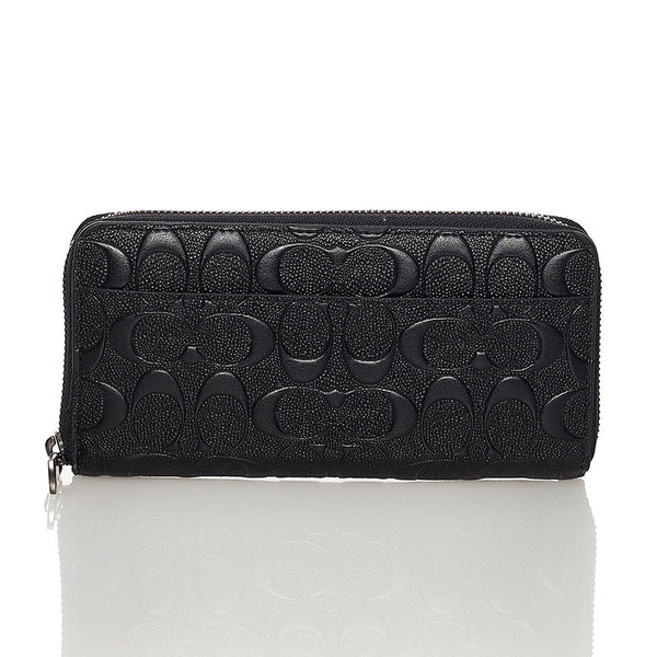 コーチ シグネチャー アコーディオン  ラウンドファスナー 長財布 F58113 ブラック レザー メンズ COACH 【中古】