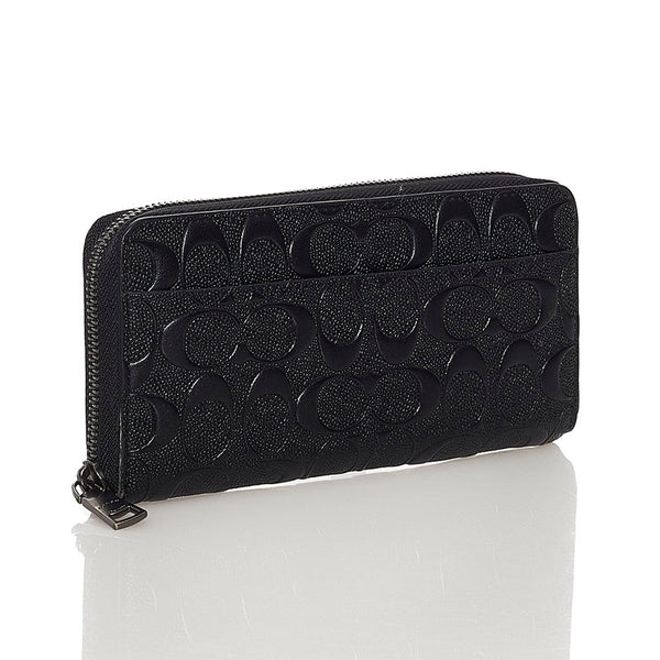 コーチ シグネチャー アコーディオン  ラウンドファスナー 長財布 F58113 ブラック レザー メンズ COACH 【中古】