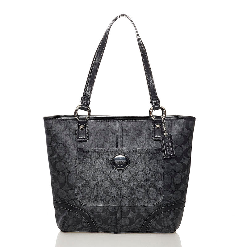 コーチ シグネチャー トートバッグ 不鮮明 グレー ブラック  PVC レザー レディース COACH 【中古】
