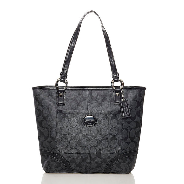 コーチ シグネチャー トートバッグ 不鮮明 グレー ブラック  PVC レザー レディース COACH 【中古】