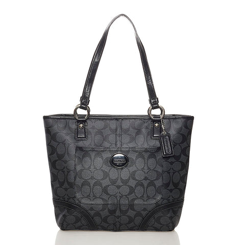 コーチ シグネチャー トートバッグ 不鮮明 グレー ブラック  PVC レザー レディース COACH 【中古】
