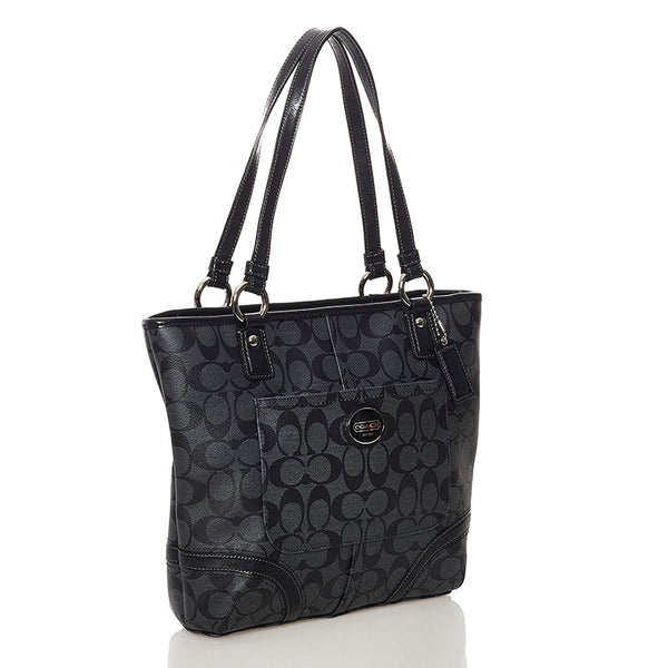 コーチ シグネチャー トートバッグ 不鮮明 グレー ブラック  PVC レザー レディース COACH 【中古】