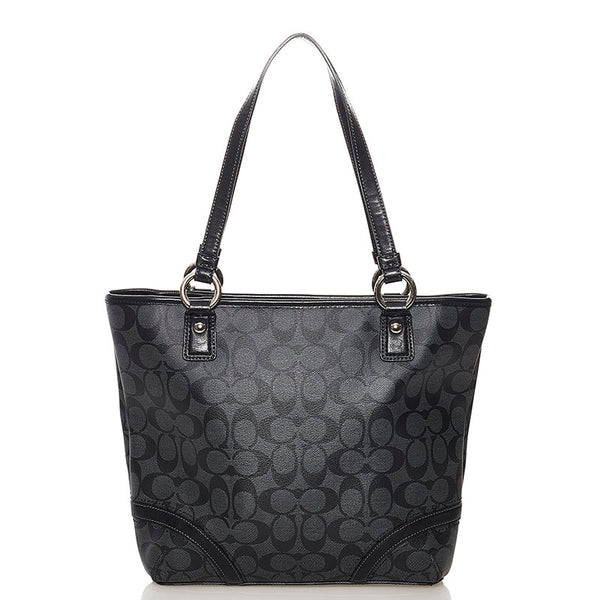 コーチ シグネチャー トートバッグ 不鮮明 グレー ブラック  PVC レザー レディース COACH 【中古】