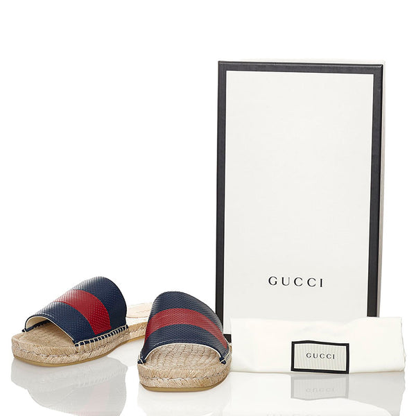 グッチ ウェブ スライド サンダル 624985 ネイビー ベージュ レザー 麻・リネン ラバー メンズ GUCCI 【中古】