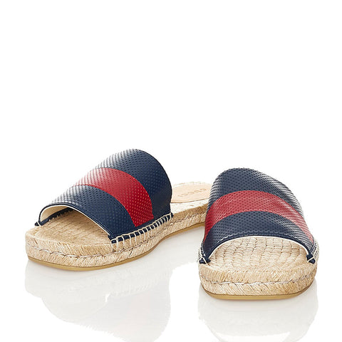 グッチ ウェブ スライド サンダル 624985 ネイビー ベージュ レザー 麻・リネン ラバー メンズ GUCCI 【中古】