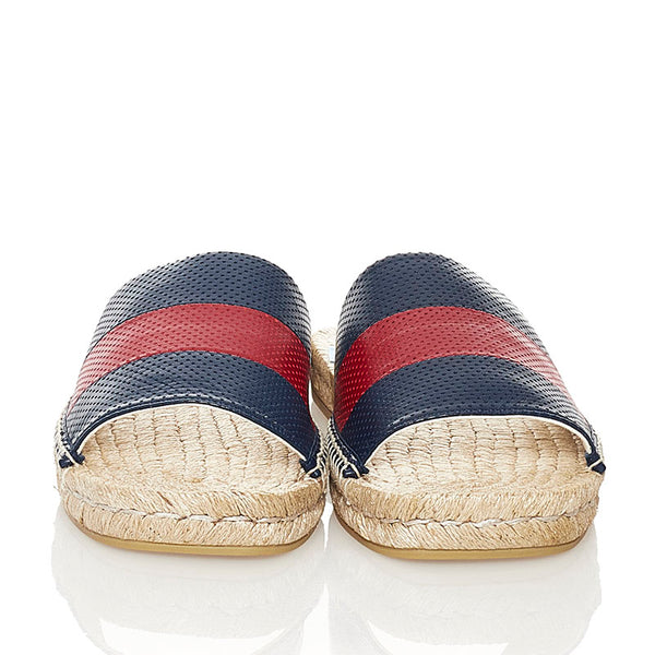 グッチ ウェブ スライド サンダル 624985 ネイビー ベージュ レザー 麻・リネン ラバー メンズ GUCCI 【中古】