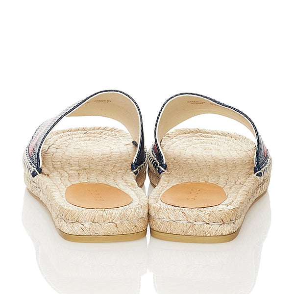 グッチ ウェブ スライド サンダル 624985 ネイビー ベージュ レザー 麻・リネン ラバー メンズ GUCCI 【中古】