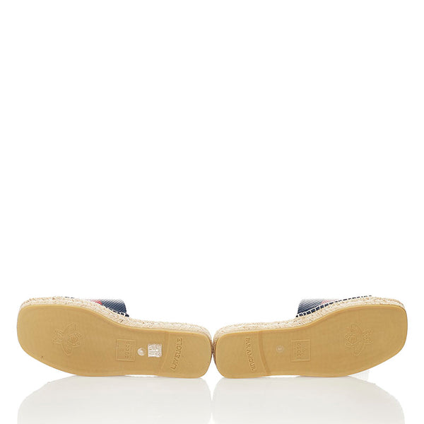 グッチ ウェブ スライド サンダル 624985 ネイビー ベージュ レザー 麻・リネン ラバー メンズ GUCCI 【中古】