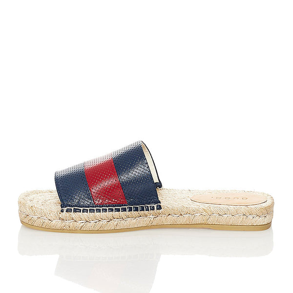 グッチ ウェブ スライド サンダル 624985 ネイビー ベージュ レザー 麻・リネン ラバー メンズ GUCCI 【中古】