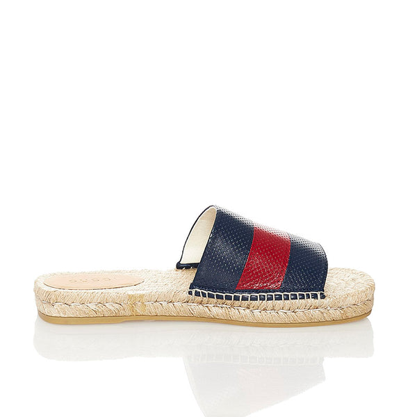 グッチ ウェブ スライド サンダル 624985 ネイビー ベージュ レザー 麻・リネン ラバー メンズ GUCCI 【中古】