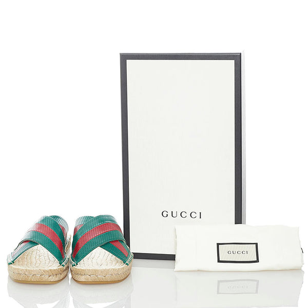 グッチ スライド サンダル 624629 グリーン レッド ベージュ レザー 麻・リネン ラバー メンズ GUCCI 【中古】