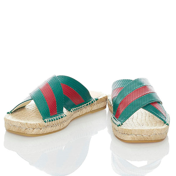 グッチ スライド サンダル 624629 グリーン レッド ベージュ レザー 麻・リネン ラバー メンズ GUCCI 【中古】