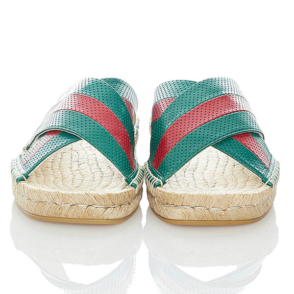 グッチ スライド サンダル 624629 グリーン レッド ベージュ レザー 麻・リネン ラバー メンズ GUCCI 【中古】