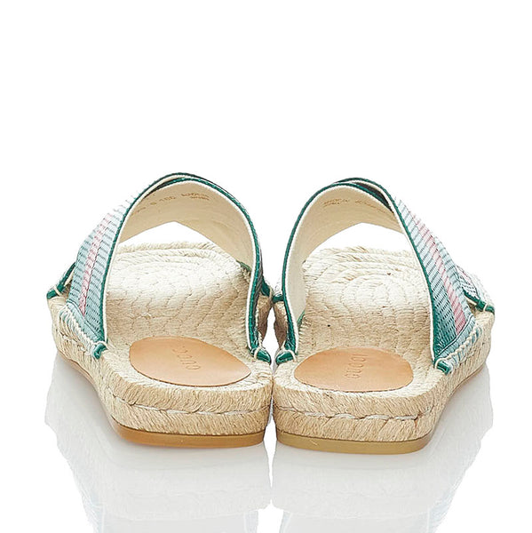 グッチ スライド サンダル 624629 グリーン レッド ベージュ レザー 麻・リネン ラバー メンズ GUCCI 【中古】