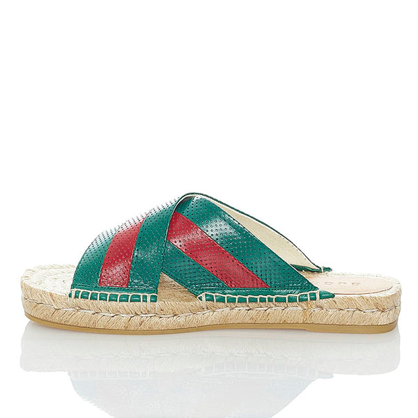 グッチ スライド サンダル 624629 グリーン レッド ベージュ レザー 麻・リネン ラバー メンズ GUCCI 【中古】