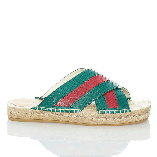グッチ スライド サンダル 624629 グリーン レッド ベージュ レザー 麻・リネン ラバー メンズ GUCCI 【中古】