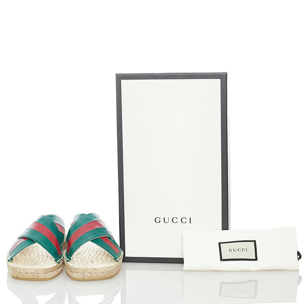 グッチ スライド サンダル グリーン レッド ベージュ レザー 麻・リネン ラバー メンズ GUCCI 【中古】