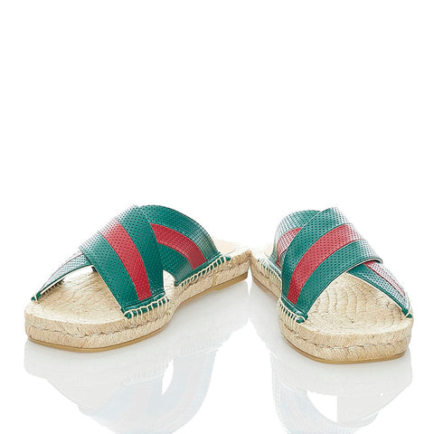 グッチ スライド サンダル グリーン レッド ベージュ レザー 麻・リネン ラバー メンズ GUCCI 【中古】