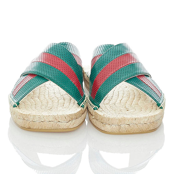 グッチ スライド サンダル グリーン レッド ベージュ レザー 麻・リネン ラバー メンズ GUCCI 【中古】