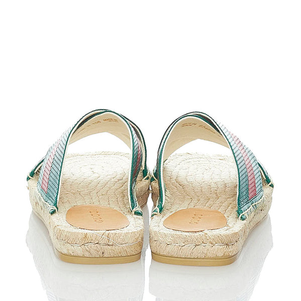 グッチ スライド サンダル グリーン レッド ベージュ レザー 麻・リネン ラバー メンズ GUCCI 【中古】