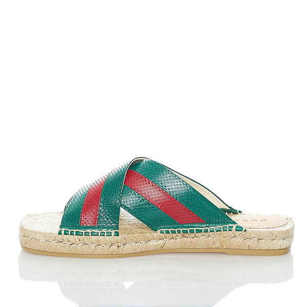 グッチ スライド サンダル グリーン レッド ベージュ レザー 麻・リネン ラバー メンズ GUCCI 【中古】