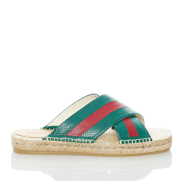 グッチ スライド サンダル グリーン レッド ベージュ レザー 麻・リネン ラバー メンズ GUCCI 【中古】