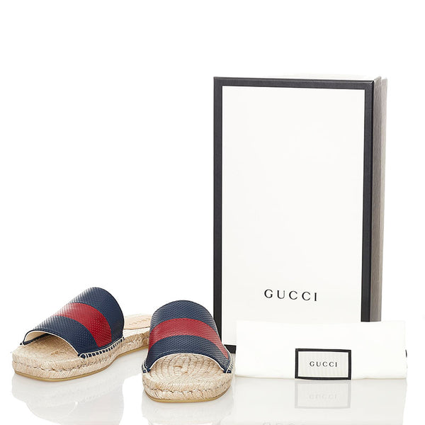 グッチ ウェブ スライド サンダル 624985 ネイビー レッド ベージュ レザー 麻・リネン ラバー メンズ GUCCI 【中古】